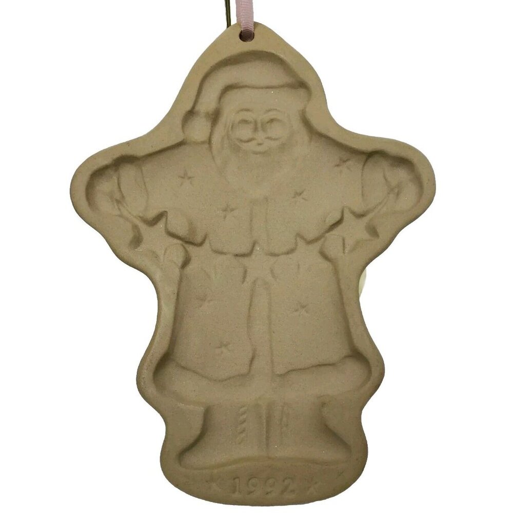 Brown Bag Cookie Art Mold Santa Claus Stars Giant Stamp Gift Ceramic Vtg 1992